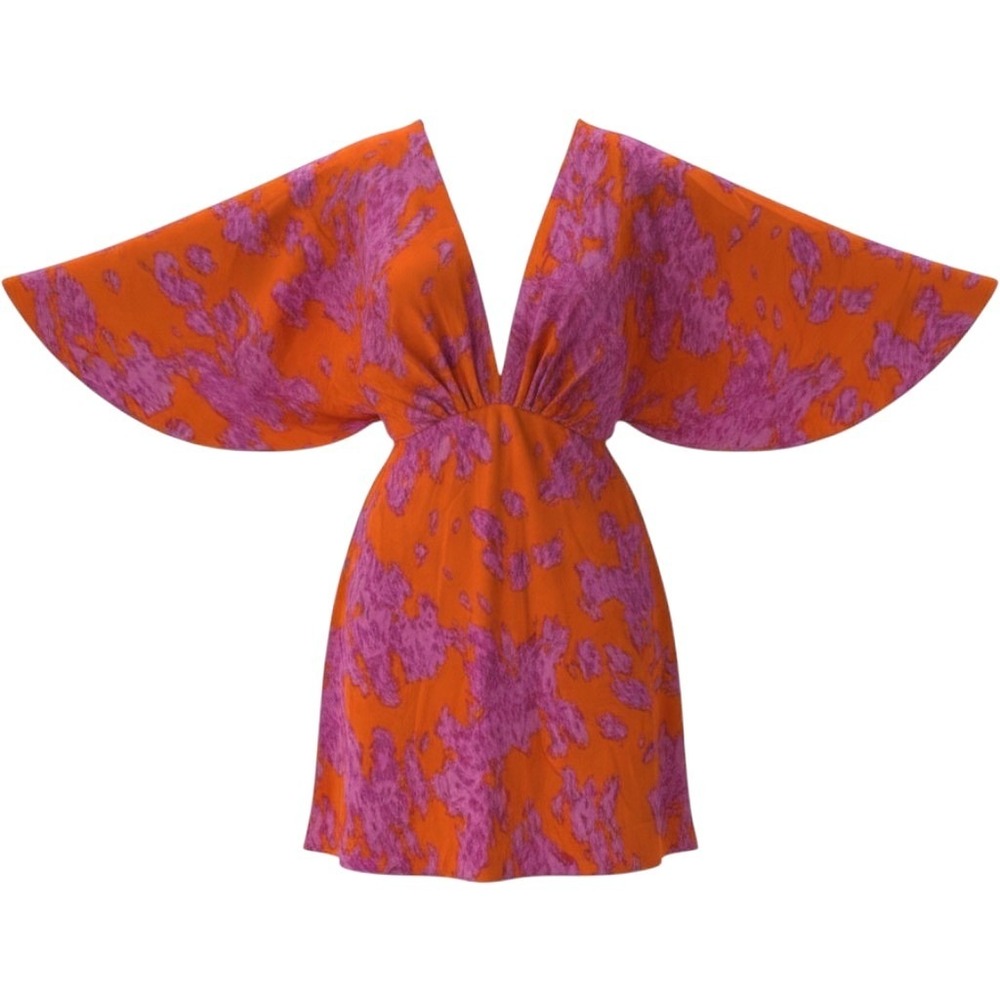 Tyche Orange Pink Abstract Print Kimono Sleeve Midi Dress Size M Made in USA